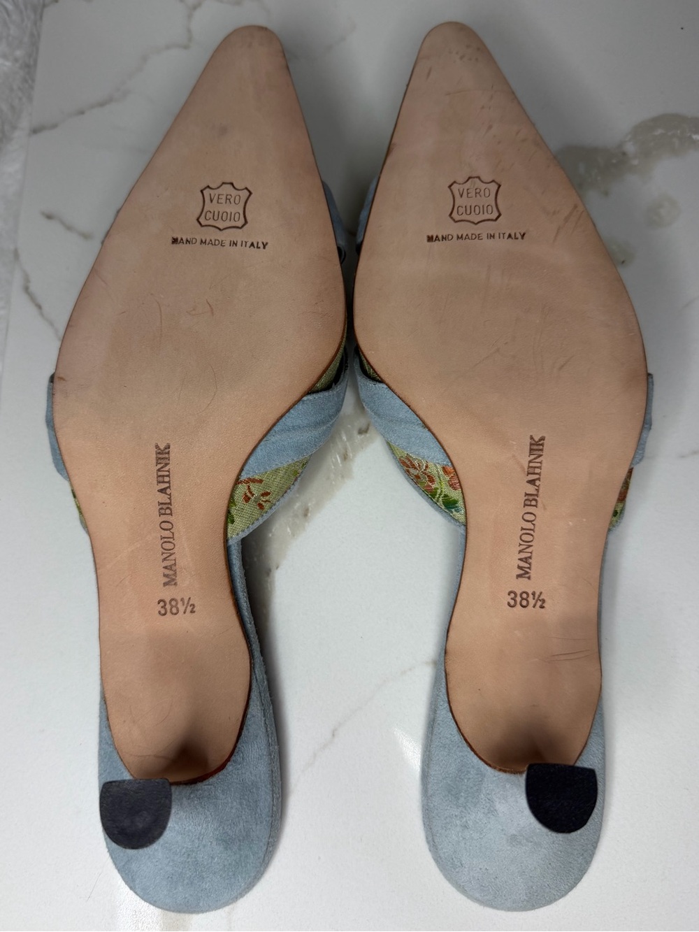 RARE VINTAGE Manolo Blahnik Pale Blue & Light Green Floral Pointed Mules - Picture 3 of 3
